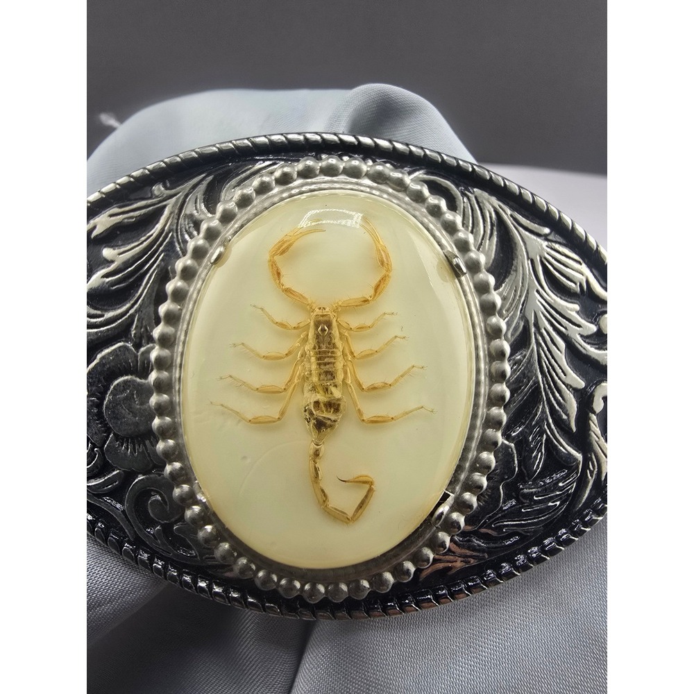 Vintage Estate Belt Buckle Silver Real Scorpion Taxidermy Floral Made in USA